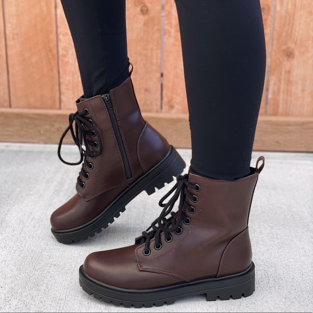 Soda Dark Brown Combat Boots for Women